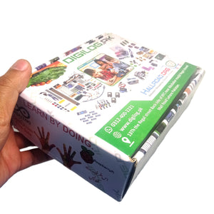Beginner Arduino Uno Starter Kit Pack Of Arduino Products For Beginners - packaging box held in a hand, featuring printed graphics of electronic components and store contact information.