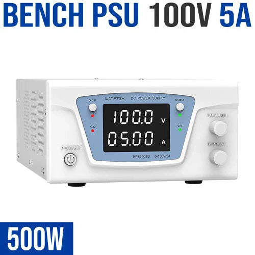 Bench variable Power Supply 100V 5A 500W price - Wanptek KPS1005D bench power supply in white, featuring a digital display showing 100.0 V and 05.00 A, power button, and two adjustment knobs.