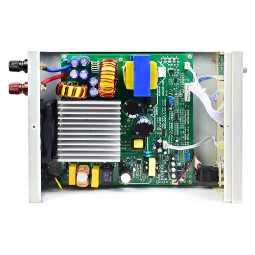 Bench variable Power Supply 100V 5A 500W price - the internal green circuit board, cooling fan, heat sink, transformers, and red and black output terminals.