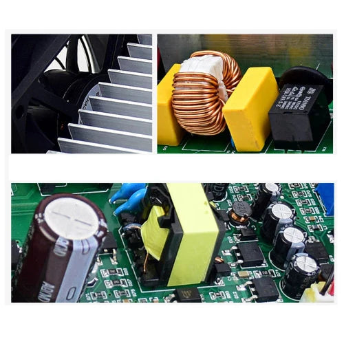 Bench variable Power Supply 100V 5A 500W price - close-up internal views of the circuit board, copper coil, heat sink, and electronic components.