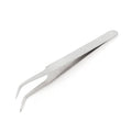 Bend Tweezers Stainless Steel Electronics Watchmakers Bent Tweezers - show a pair of silver-colored, stainless steel tweezers with curved, pointed tips.
