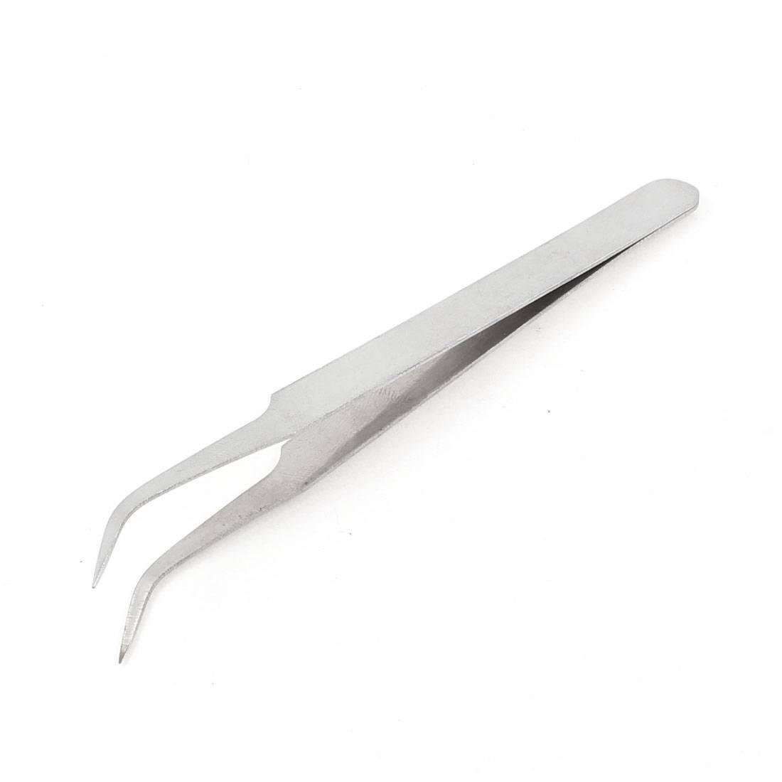 Bend Tweezers Stainless Steel Electronics Watchmakers Bent Tweezers - show a pair of silver-colored, stainless steel tweezers with curved, pointed tips.
