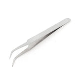 Bend Tweezers Stainless Steel Electronics Watchmakers Bent Tweezers - show a pair of silver-colored, stainless steel tweezers with curved, pointed tips.