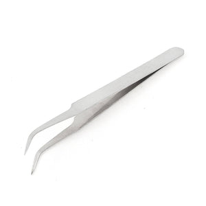 Bend Tweezers Stainless Steel Electronics Watchmakers Bent Tweezers - show a pair of silver-colored, stainless steel tweezers with curved, pointed tips.