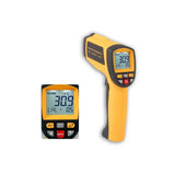 BENETECH GM1150 Infrared Thermometer - yellow high-temperature IR gun with close-up of the backlit display and keys