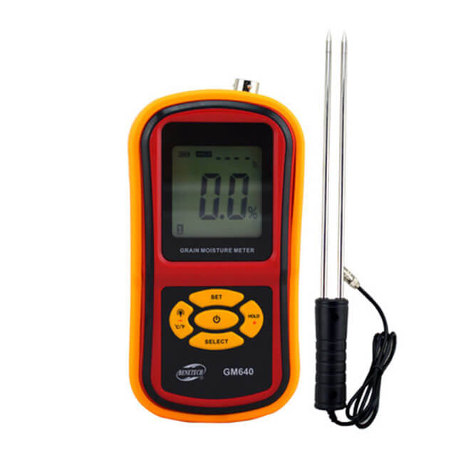 BENETECH GM640 Grain Moisture Meter - orange and red meter with long two-pin grain probe on a cable