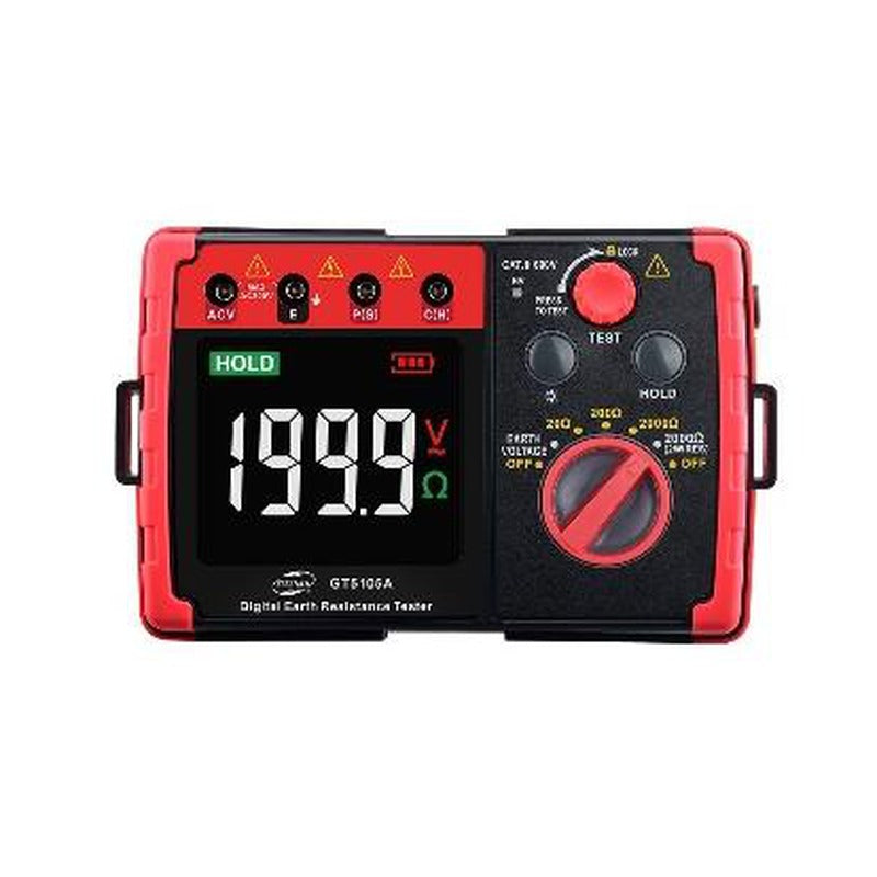 BENETECH GT5105A Digital Earth Resistance Tester - red and black earth resistance tester showing 1999 on a large display