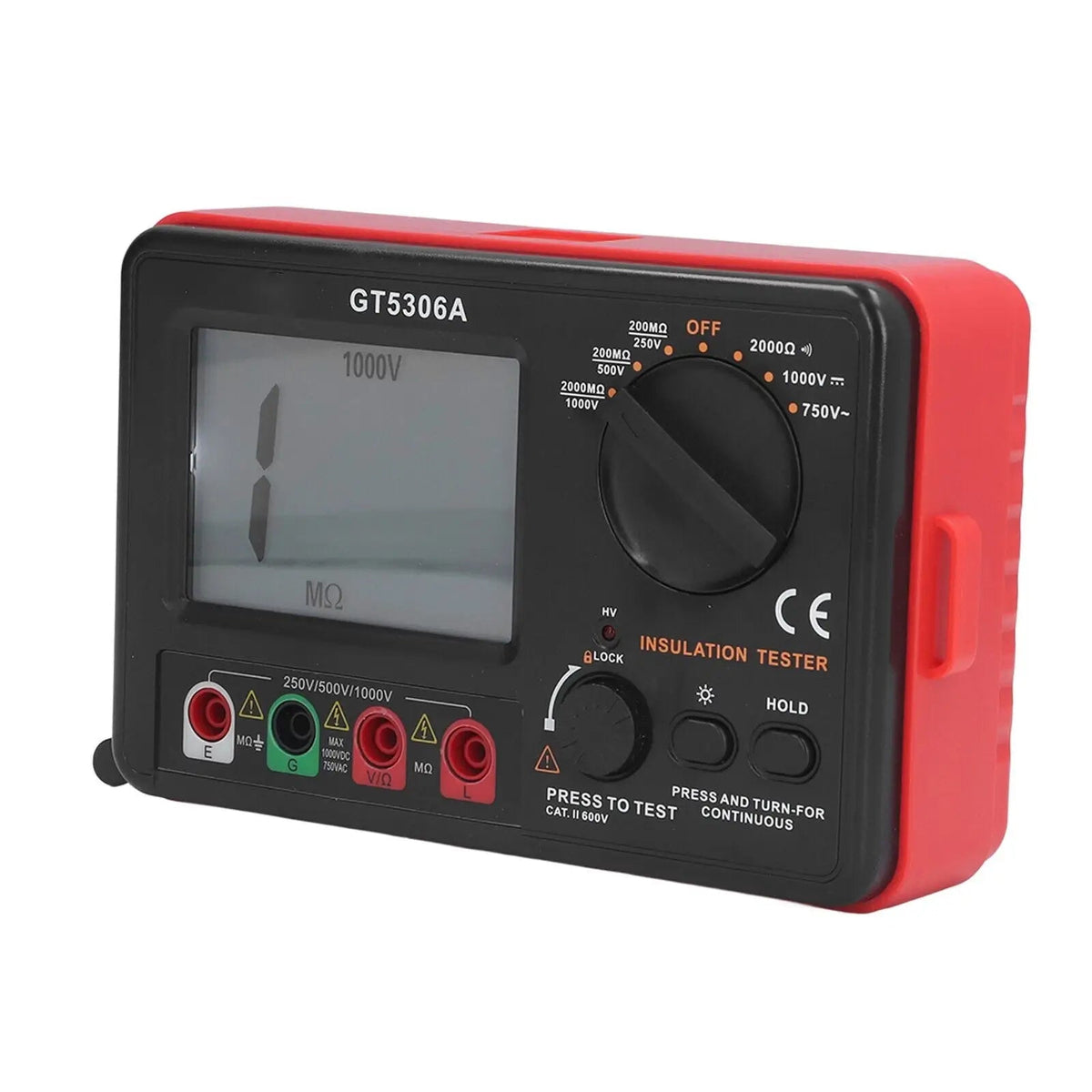 BENETECH GT5306A Digital Insulation Tester - red and black case with 250V, 500V and 1000V dial and press-to-test button