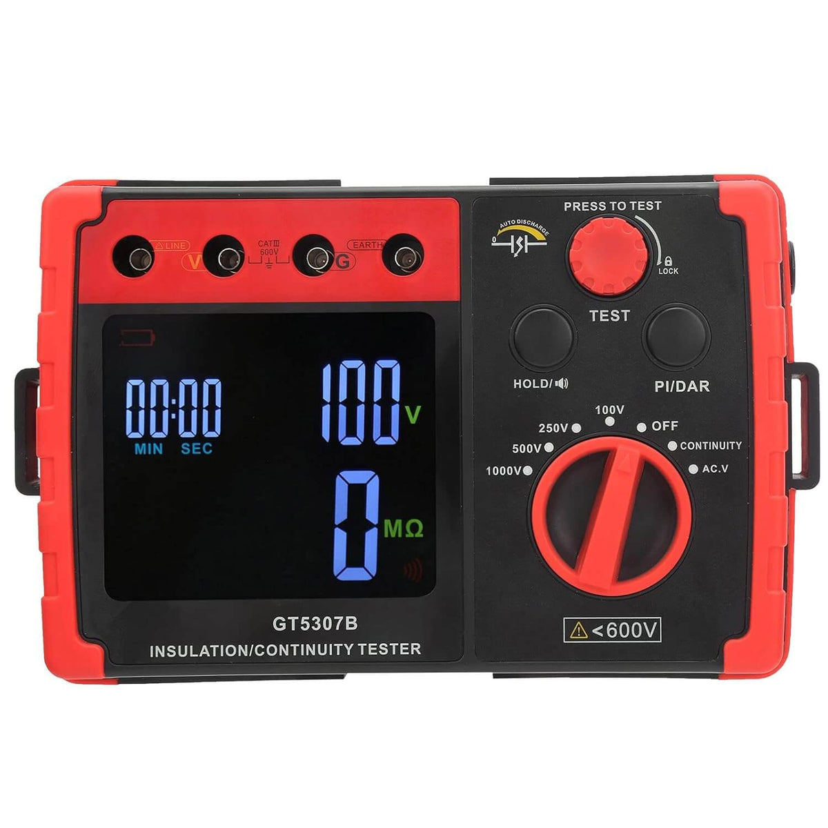 BENETECH GT5307B Insulation and Continuity Tester - red and black case with large LCD, test button and range dial