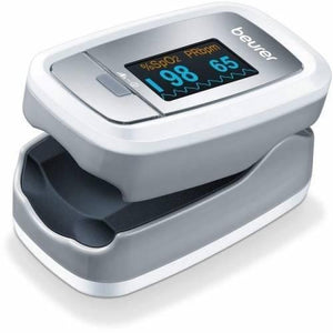 Beurer Finger Pulse Oximeter Oxygen Monitor Po-30 - a grey and white device with a digital display showing 98% SpO2 and 65 PRbpm, and a single button on top.