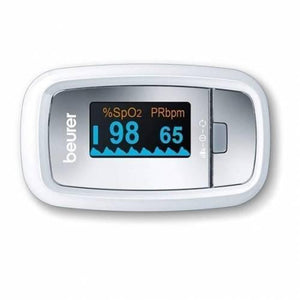 Beurer Finger Pulse Oximeter Oxygen Monitor Po-30 - a white, oval-shaped device with a digital display showing 98% SpO2 and 65 PRbpm, and a single side button.