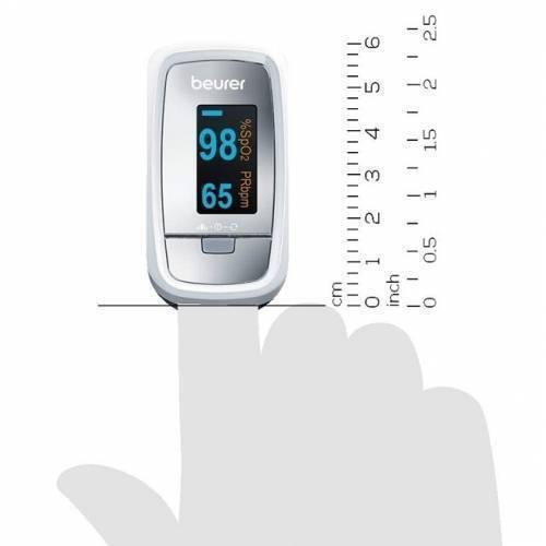 Beurer Finger Pulse Oximeter Oxygen Monitor Po-30 - a white device on a finger with a digital display reading 98% SpO2 and 65 PRbpm, next to a size scale.