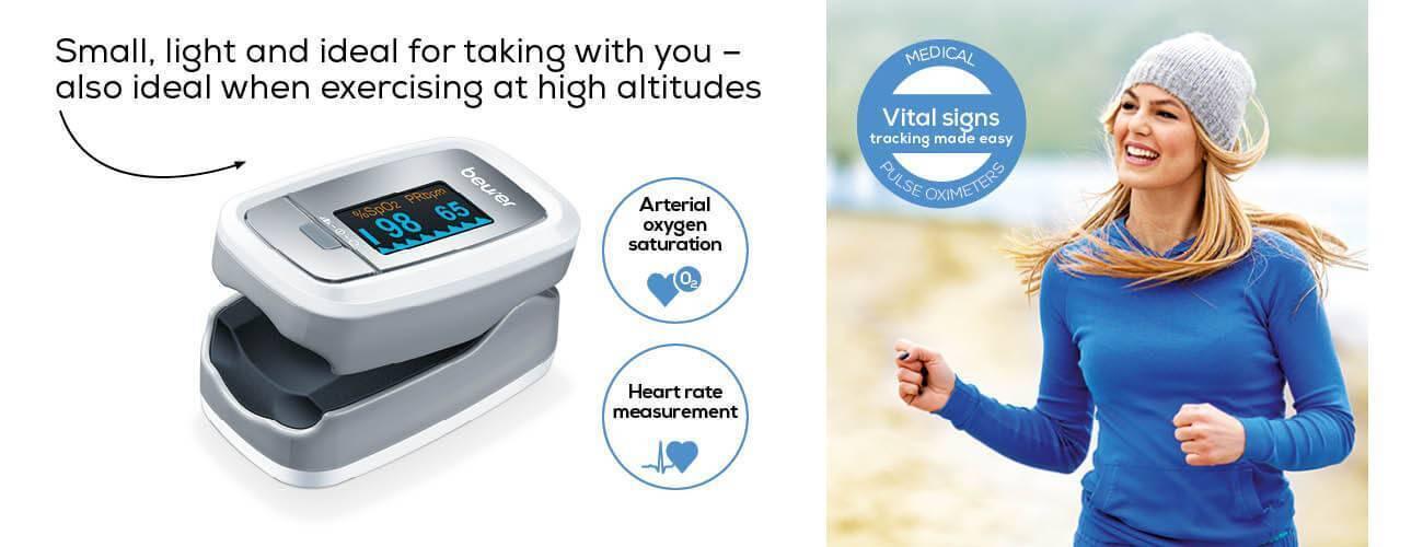 Beurer Finger Pulse Oximeter Oxygen Monitor Po-30 - a white and grey device with a digital display showing 98 and 65, next to a woman running outdoors.