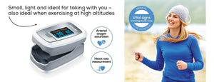 Beurer Finger Pulse Oximeter Oxygen Monitor Po-30 - a white and grey device with a digital display showing 98 and 65, next to a woman running outdoors.