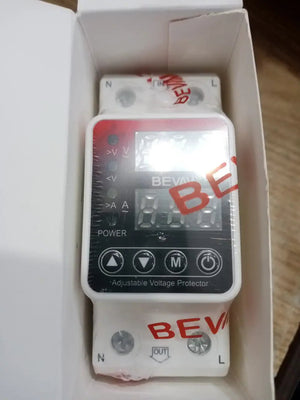 Bevav 63amp Adjustable Under Over Voltage Protector Relay - in its white box, showing a digital display, four control buttons, and input/output terminals for N and L wires.