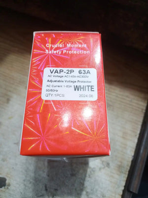 Bevav 63amp Adjustable Under Over Voltage Protector Relay - shown in its red, firework-patterned product box with a label listing specifications.
