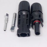 Big Size 50MMX17MM 30A 1500V Male Female MC4 Connector For Solar Panel DC Wire Cable - two black plastic connector housings, one marked PV-AM4101, and two metal crimp terminals arranged on a white surface.
