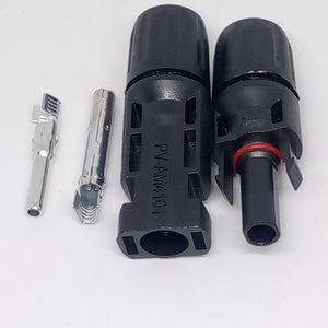 Big Size 50MMX17MM 30A 1500V Male Female MC4 Connector For Solar Panel DC Wire Cable - two black plastic connector housings, one marked PV-AM4101, and two metal crimp terminals arranged on a white surface.