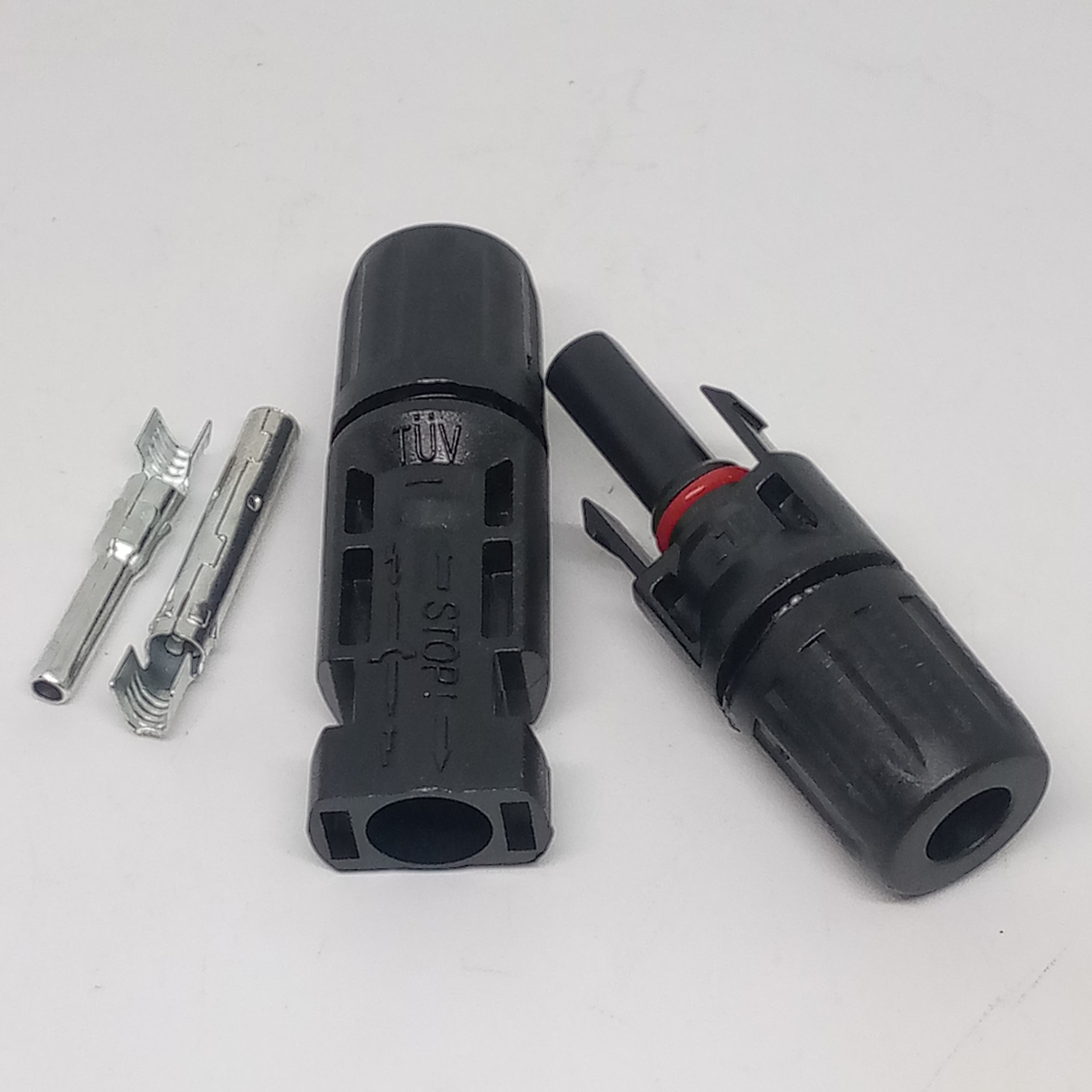 Big Size 50MMX17MM 30A 1500V Male Female MC4 Connector For Solar Panel DC Wire Cable - one assembled black plastic connector, one disassembled connector body, and a metal contact.