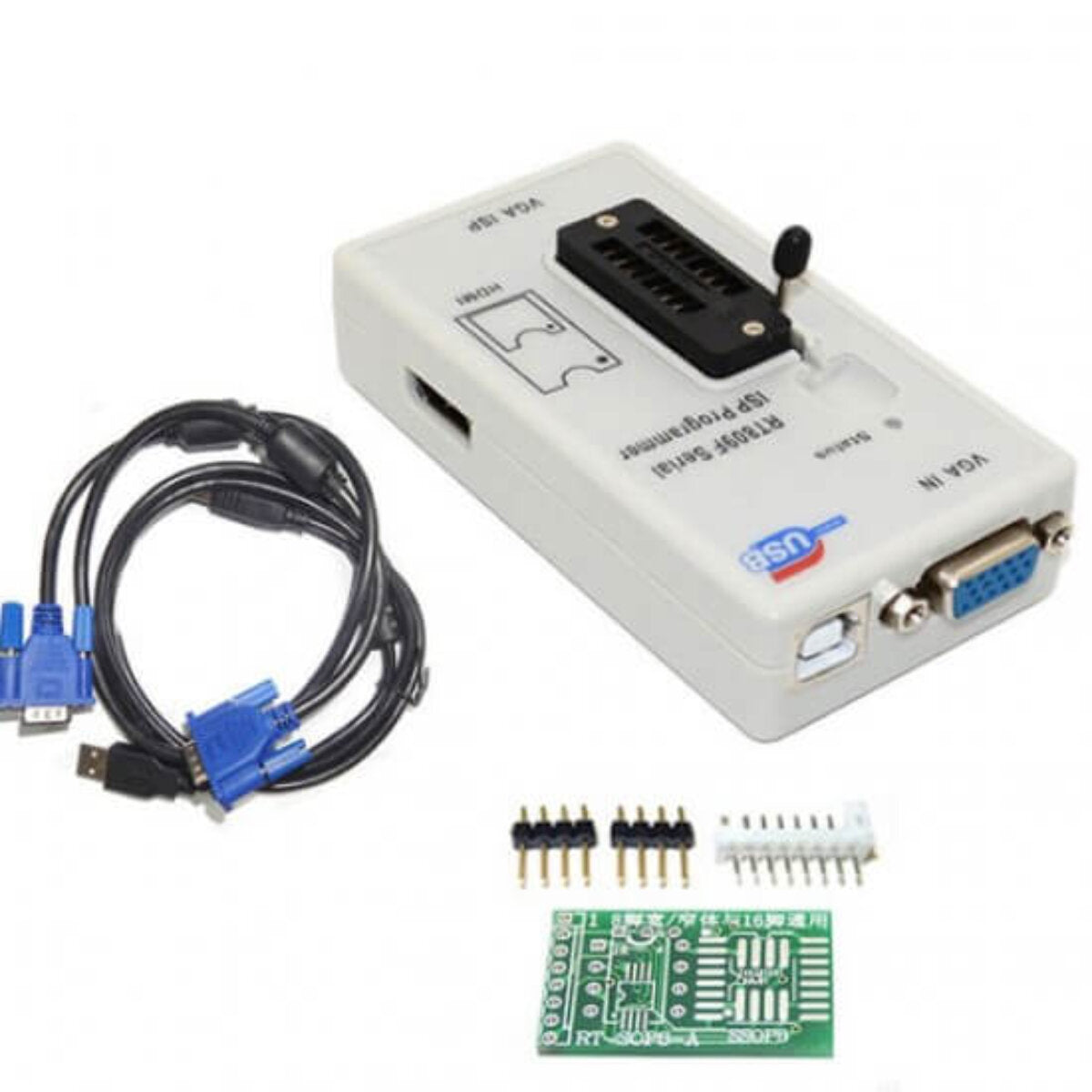 Bios RT809F Serial Isp Programmer RT809 - Bios RT809F Serial ISP Programmer shown with a white main unit, a ZIF socket, VGA and USB cables, a green adapter board, and header pins.