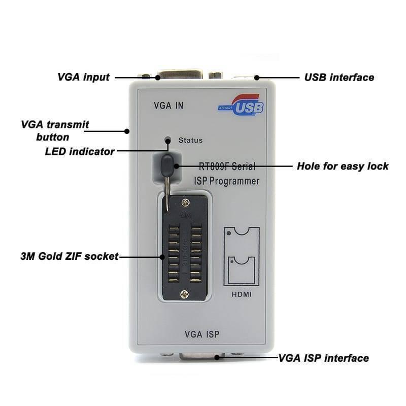 Bios RT809F Serial Isp Programmer RT809 With 3 Adapters - a white rectangular device featuring a 3M Gold ZIF socket, VGA ports, a USB interface, and a status LED indicator.