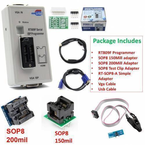 Bios RT809F Serial Isp Programmer RT809 With 3 Adapters - the white device with a ZIF socket, USB and VGA ports, along with various adapters, cables, and a retail box.