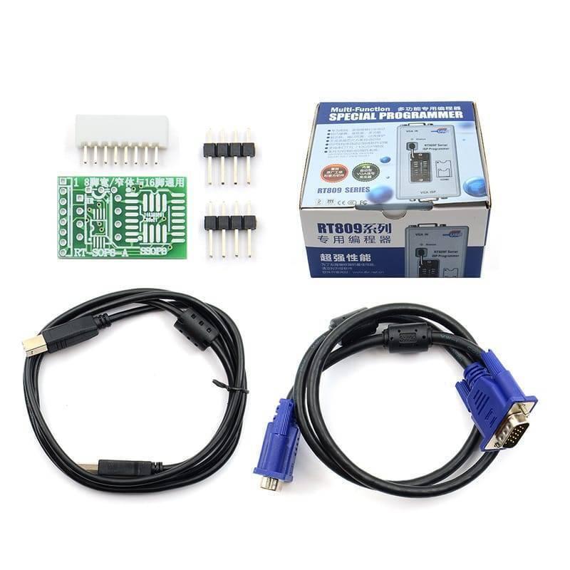 Bios RT809F Serial Isp Programmer RT809 With 3 Adapters - a branded box, a green circuit board adapter, two pin headers, a USB cable, and a VGA cable.