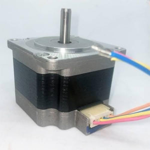 Bipolar NEMA23 1A Stepper Motor 4 Wire Stepper Motor - a silver and black square motor with a central metal shaft and a white plastic connector with four colored wires.