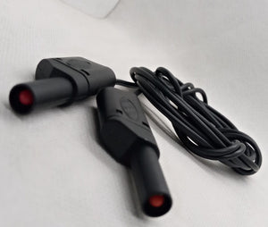 Black Banana Clip Wires 2 Meter | High-Quality Test Leads | Digilog.pk - two black test leads with red-tipped connectors and a coiled black cable against a white background.