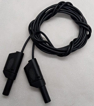Black Banana Clip Wires 2 Meter | High-Quality Test Leads | Digilog.pk - a coiled black cable with two black banana plug connectors on a white background.