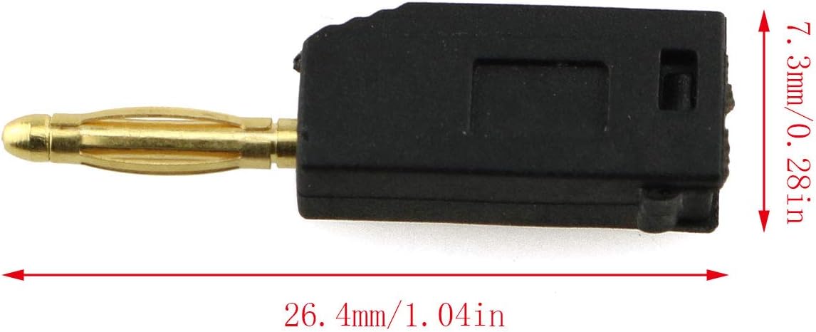 Black Color 2mm Banana Plug For Electrical And Electronics Lab Trainers - a dimension diagram showing a gold-plated connector with a black plastic housing and its measured length and height.