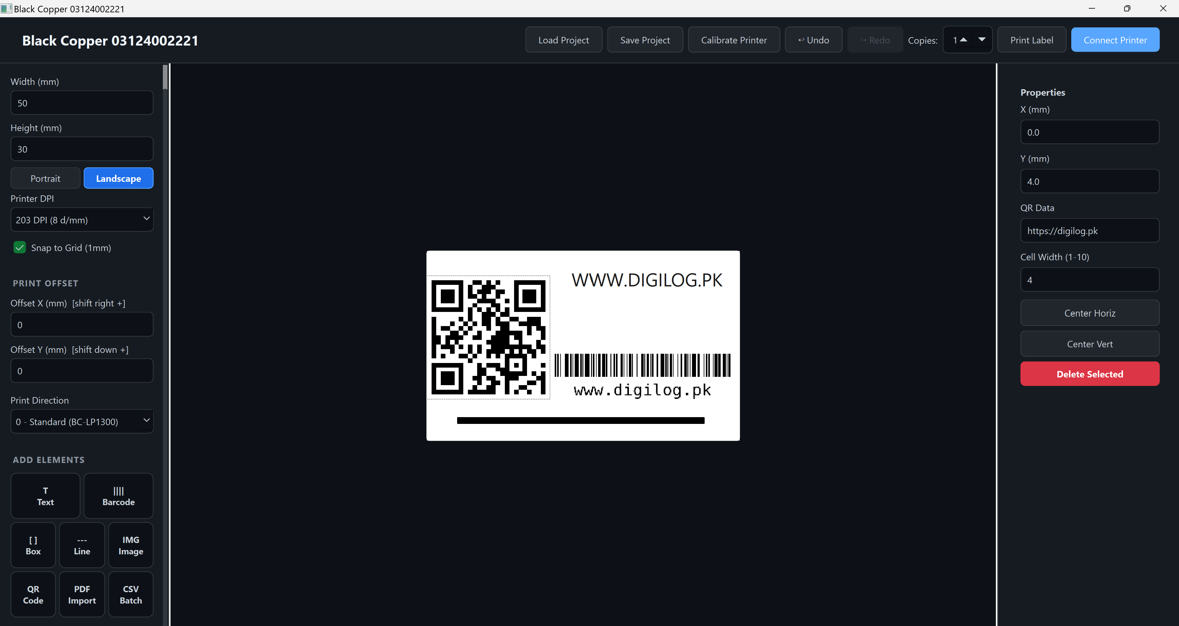 Black Copper Label Designer Software – Offline Package - with a QR code, barcode, and text on a digital workspace with various control panels.