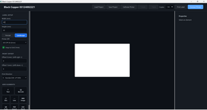 Black Copper Label Designer Software – Offline Package - a dark-themed window with label setup dimensions, print offset controls, and design element icons.