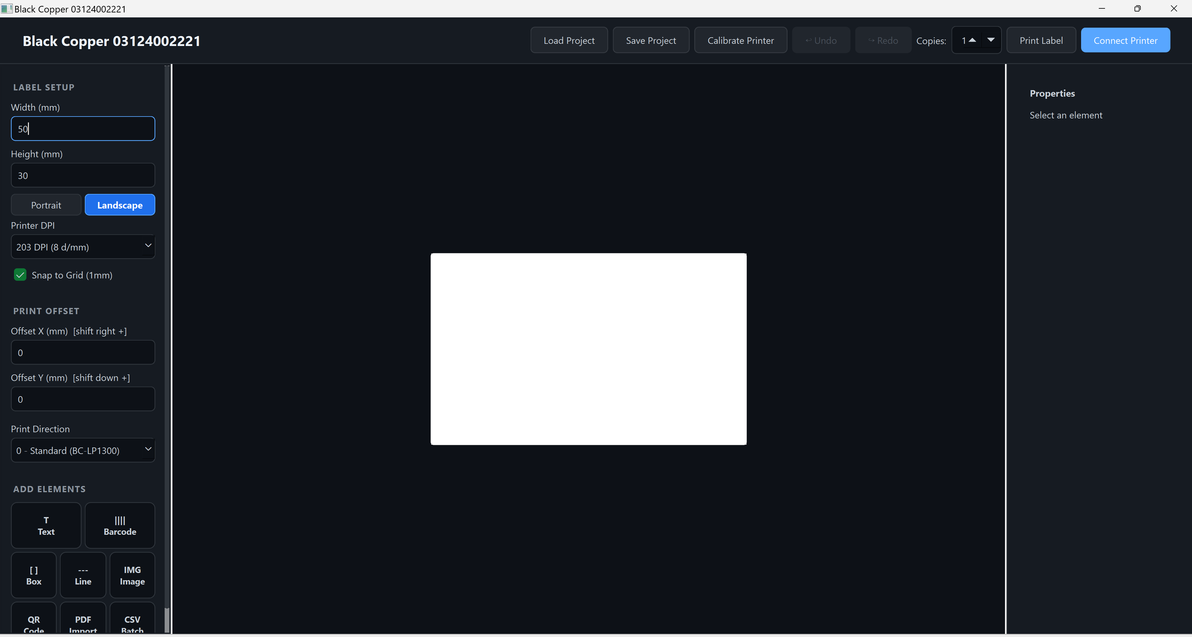 Black Copper Label Designer Software – Offline Package - a dark-themed window with label setup dimensions, print offset controls, and design element icons.