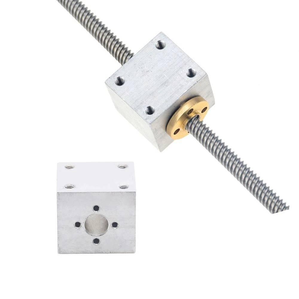 Black/gray T8 Aluminum Screw Conversion Nut Seat For 3d Printer Lead Screw Housing Mounting Bracket Aluminium Trapezoidal Nut Block Bracket For T8 - a silver square metal housing block with a brass nut, both mounted on a threaded lead screw.