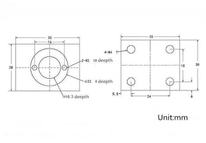 Black/gray T8 Aluminum Screw Conversion Nut Seat For 3d Printer Lead Screw Housing Mounting Bracket Aluminium Trapezoidal Nut Block Bracket For T8 - a technical dimension diagram showing the top and side views with hole locations and measurements in millimeters.