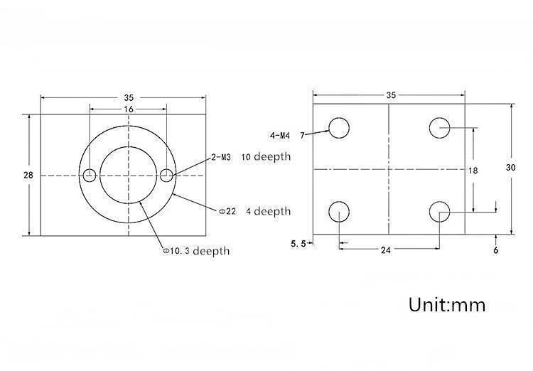 Black/gray T8 Aluminum Screw Conversion Nut Seat For 3d Printer Lead Screw Housing Mounting Bracket Aluminium Trapezoidal Nut Block Bracket For T8 - a technical dimension diagram showing the top and side views with hole locations and measurements in millimeters.