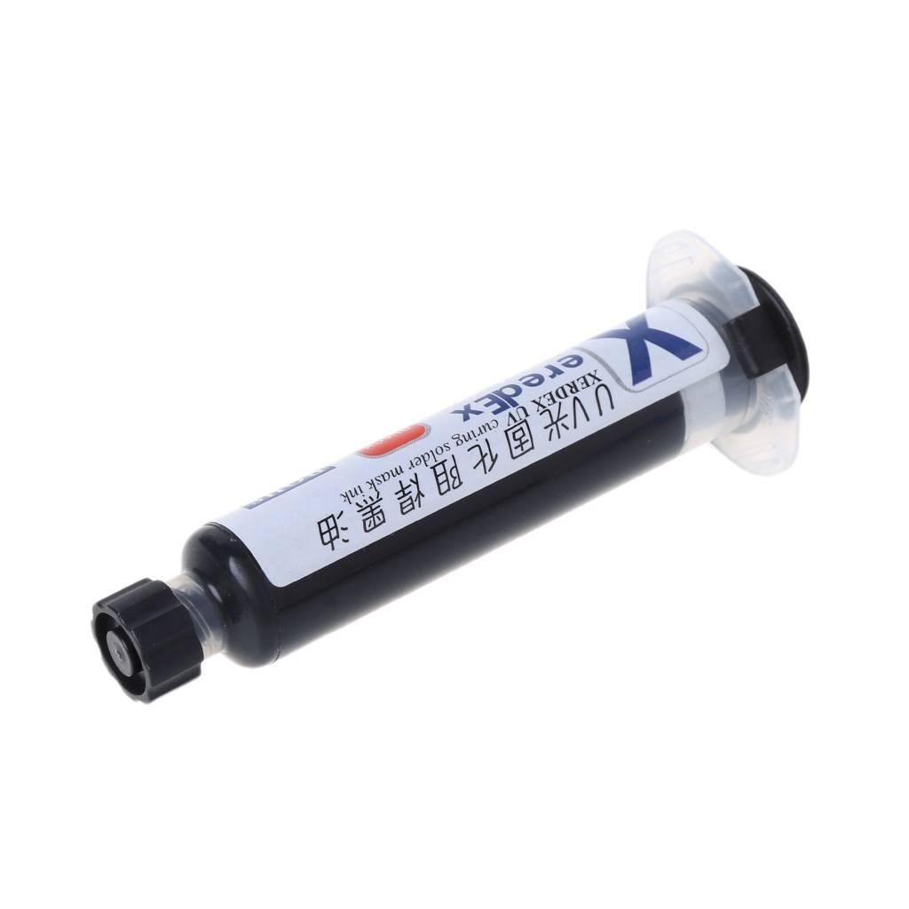 Black Mechanic UV Curable 10CC Solder Mask Ink PCB Fixing Repairing Welding Oil Paint Prevent Corrosive Arcing - shown as a black syringe with a white label featuring the brand name Xerdex and Chinese text.