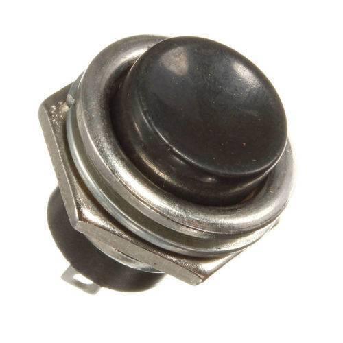 Black Momentary Spst Cap Push Button Switch AC 6A 125V 3A 250V Lwus - a small, round black button mounted in a metallic threaded housing with two electrical terminals at the base.