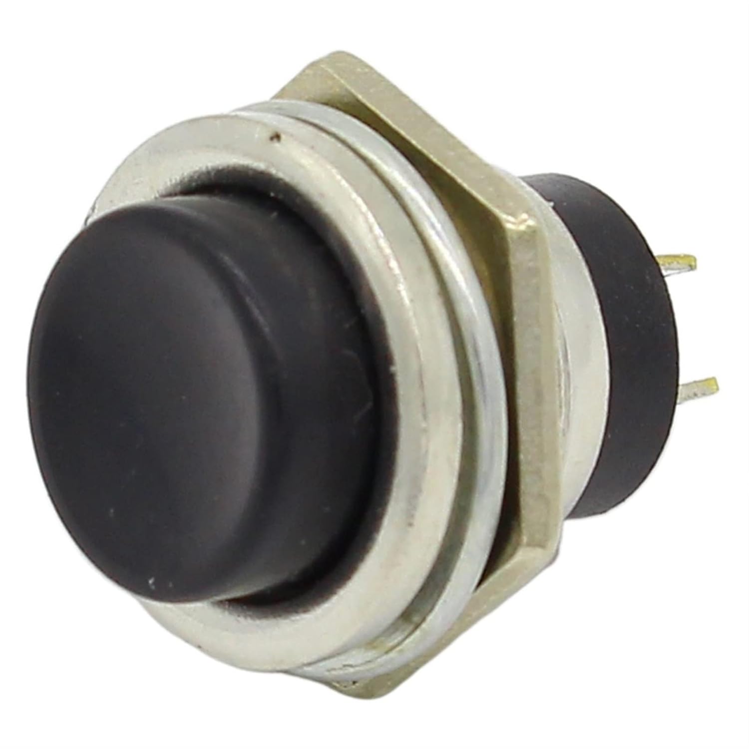 Black Momentary Spst Cap Push Button Switch AC 6A 125V 3A 250V Lwus - a round black button housed in a metallic casing with a hexagonal nut and two metal pins at the rear.