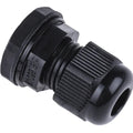 Black PG9 Cable Gland - plastic threaded cable connector shown from a side angle, featuring a tightening nut and a central opening.