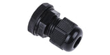 Black PG9 Cable Gland - plastic threaded cable connector shown from a side angle, featuring a tightening nut and a central opening.