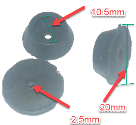 Black Plastic Socket Head Washer - shown in a dimension diagram with three views of the black rubber component and labels indicating 10.5mm, 20mm, and 2.5mm.