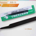 Black Vetus Tweezer HRC40 Antistatic Stainless Steel ESD 15 - curved-tip stainless steel tool, shown alongside its green and white retail packaging with a 120mm length label.