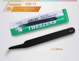 Black Vetus Tweezer HRC40 Antistatic Stainless Steel ESD 15 - curved-tip stainless steel tool, shown alongside its green and white retail packaging with a 120mm length label.