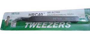 Black Vetus Tweezer HRC40 Antistatic Stainless Steel ESD 15 - shown in its original green and white branded retail packaging.