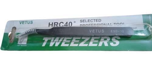 Black Vetus Tweezer HRC40 Antistatic Stainless Steel ESD 15 - shown in its original green and white branded retail packaging.