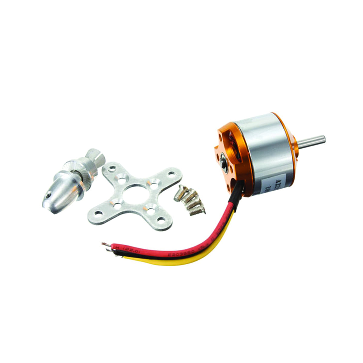 BLDC Motor A2212 1200kV Outrunner Brushless DC Motors For Rc Helicopter Quadcopter - shown with a silver and orange outrunner motor, a metal cross-shaped mounting bracket, a propeller adapter, and four small screws.
