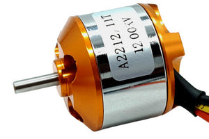 BLDC Motor A2212 1200kV Outrunner Brushless DC Motors For Rc Helicopter Quadcopter - an orange and silver cylindrical outrunner motor with a metal shaft and three colored wires extending from the side.