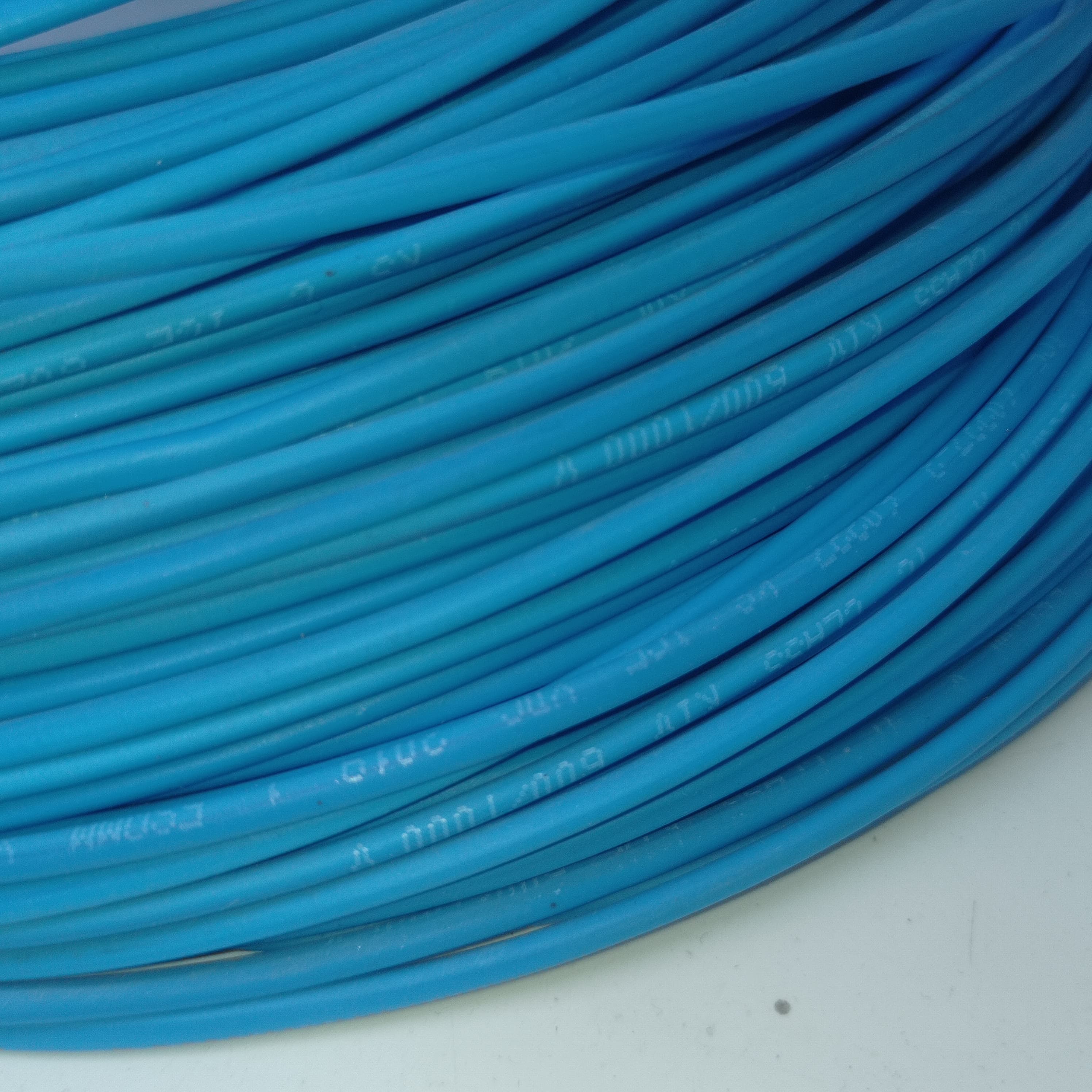 Blue 1.5mm Heat Resistance High Temperature Wire - shown as a close-up, coiled stack of blue insulated electrical wire with printed text markings.
